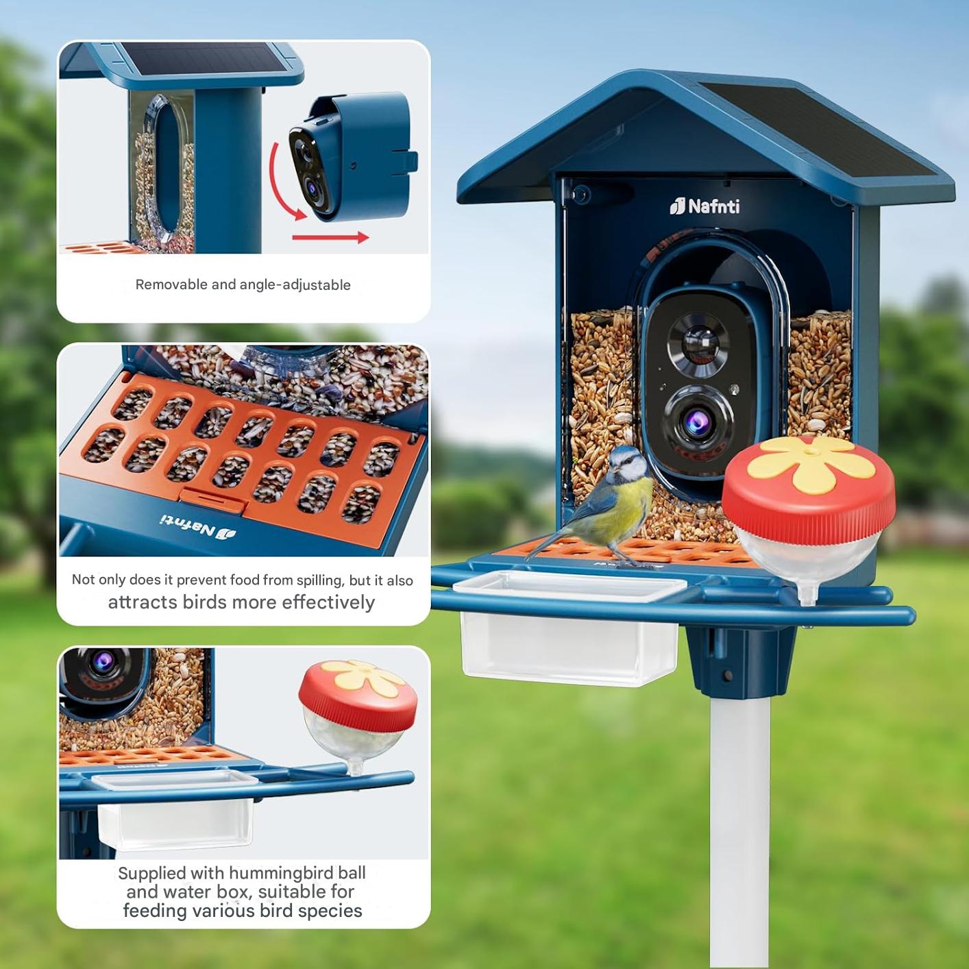 Hranitoare inteligenta pentru pasari cu camera, identificarea pasarilor, 2,4 GHz/5 GHz, alimentata cu energie solara, notificari instantanee, camera cu vizualizare live 2K pentru hranirea pasarilor
