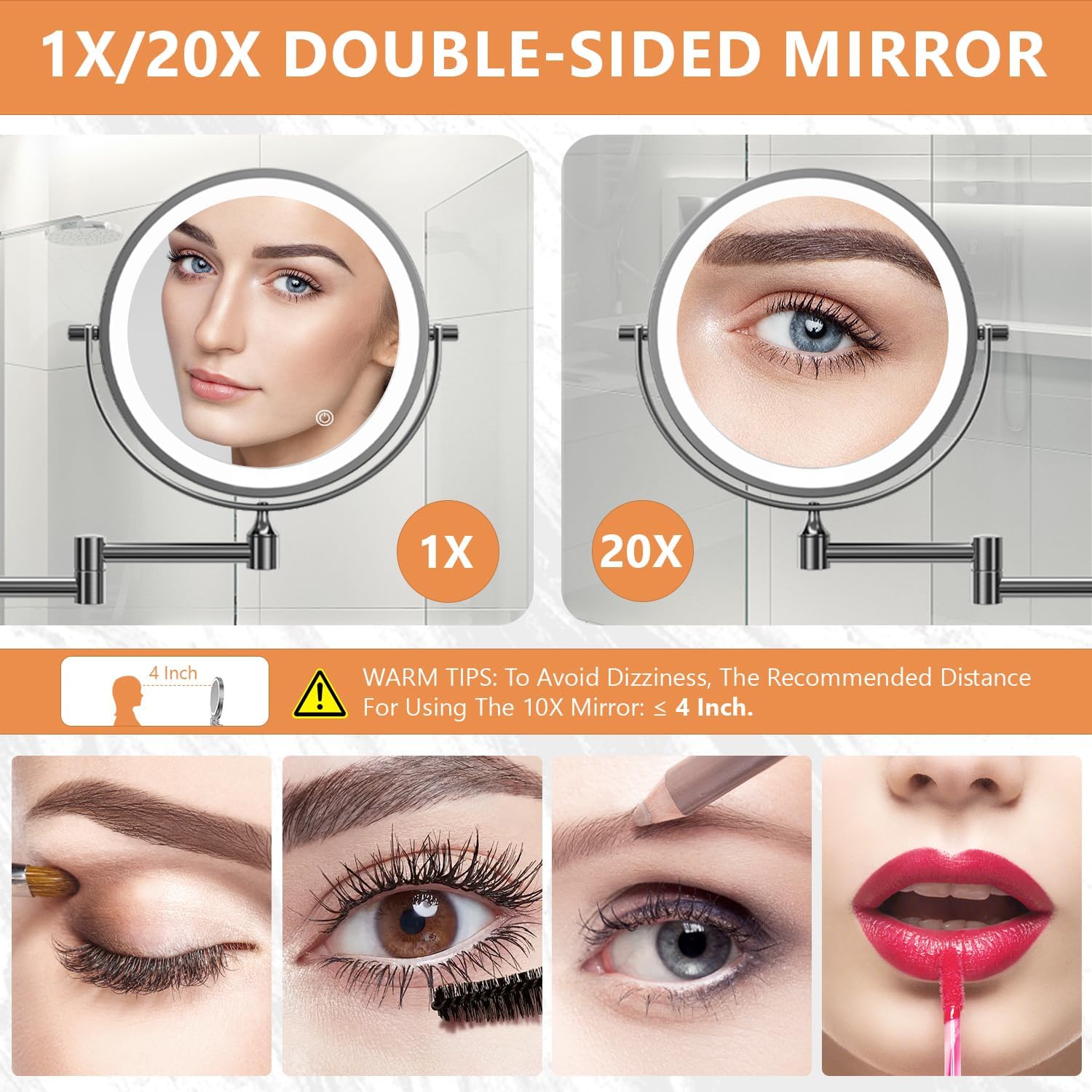 Oglinda cosmetica iluminata LED, marire 1X/20X, luminozitate reglabila, 3 moduri iluminare, reincarcabila, cu doua fete, buton tactil, rotativa 360°, neagra