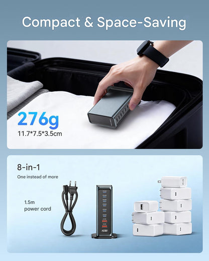 Statie de incarcare cu 8 porturi 720 W, USB-C pana la 140 W, USB-A 20 W, sursa de alimentare USB GaN pentru laptop, MacBook, iPad, iPhone, Samsung si multe altele