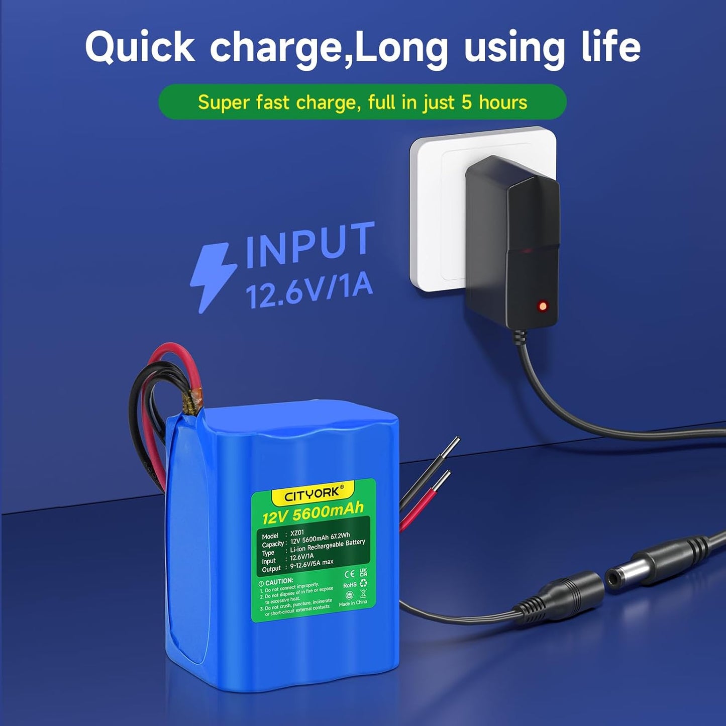Acumulator 12V, 5600mAh 5A, cu mufa incarcare si incarcator Li-Ion, pentru RC, camere wireless, camere supraveghere, playere portabile, benzi LED, drone