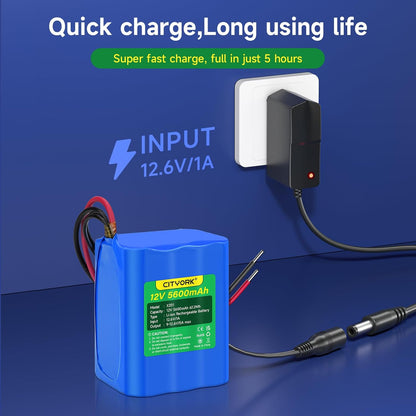 Acumulator 12V, 5600mAh 5A, cu mufa incarcare si incarcator Li-Ion, pentru RC, camere wireless, camere supraveghere, playere portabile, benzi LED, drone