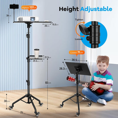Suport mobil pentru videoproiector/laptop, stand cu inaltime reglabila 71-137 cm, cu rotile, pin de blocare, suport smartphone, capacitate 14 kg, din metal, unghi reglabil 180°, pentru proiector, tableta, mixer, laptop, partitura, negru