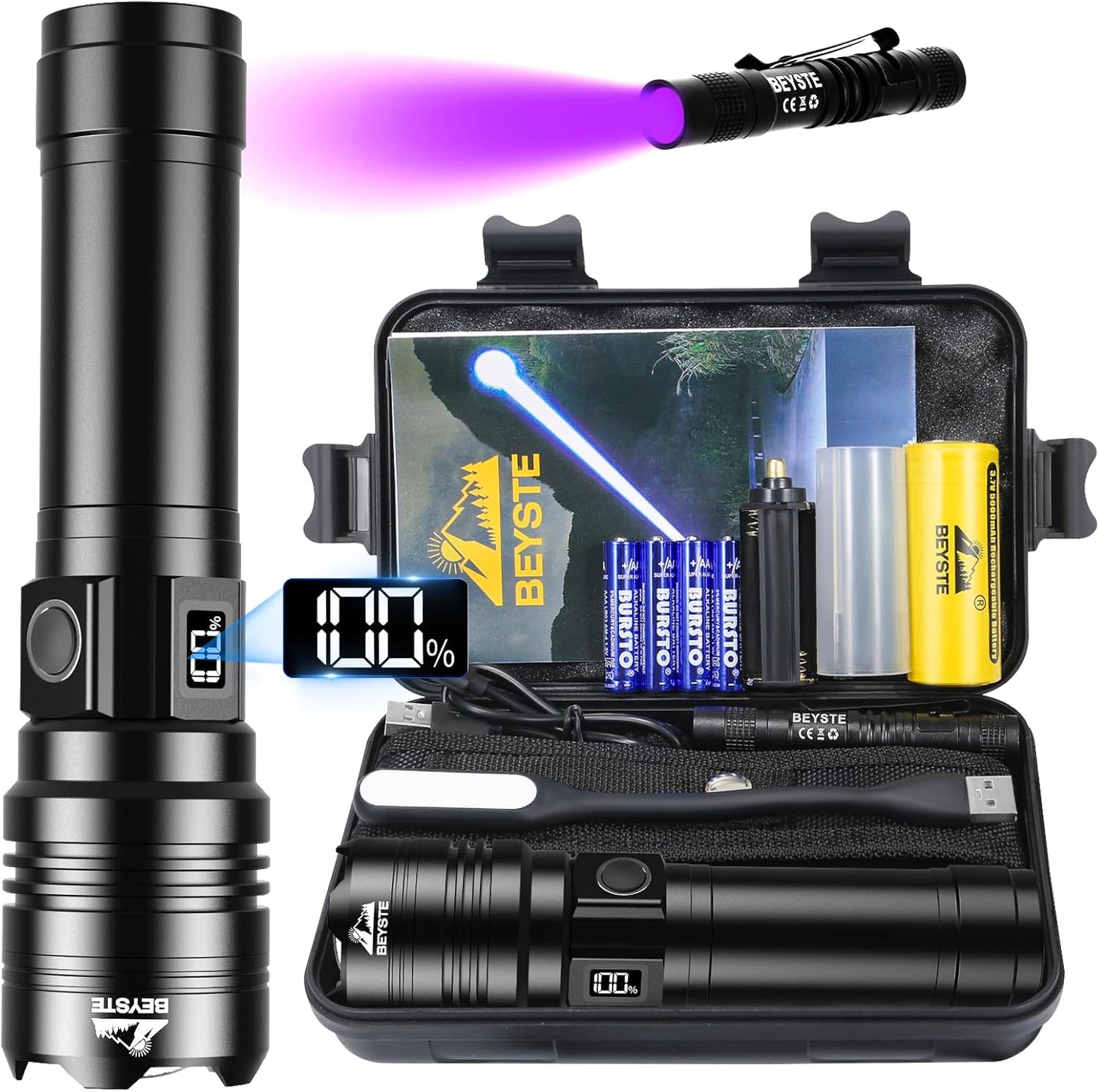 Set lanterna tactica LED cu lanterna UV mini si lampa de citit, lanterna reincarcabila din aluminiu, cu afisaj digital, impermeabila IPX6, iesire USB, in cutie de transport si depozitare