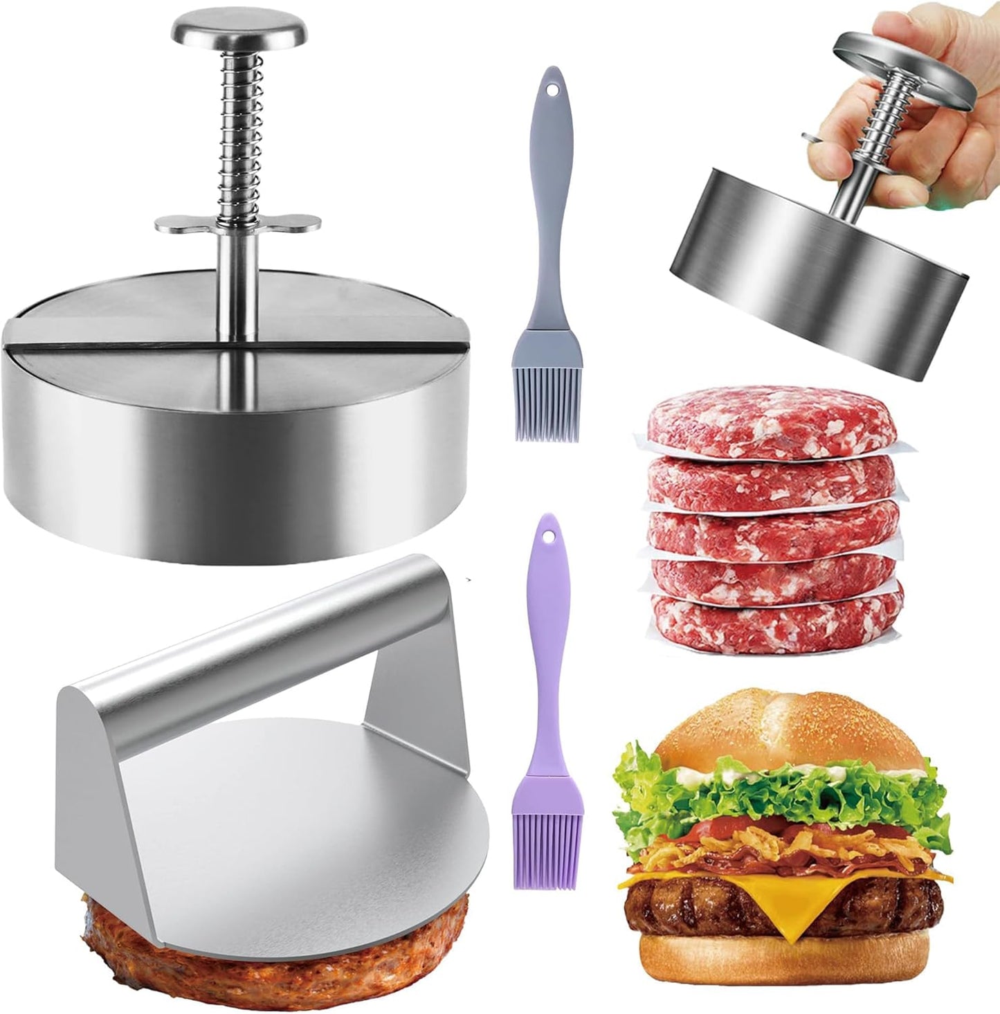 Set 2 presa burger din otel inoxidabil, de 14 cm, cu presa hamburger gradata reglabila, 100 buc hartie de silicon si 2 pensule, profesional, multifunctional