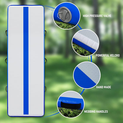 Saltea pentru antrenament gimnastica, gonflabila, 300 x 100 x 10 cm, din PVC, rezistent UV, cu pompa electrica si geanta de transport, albastra