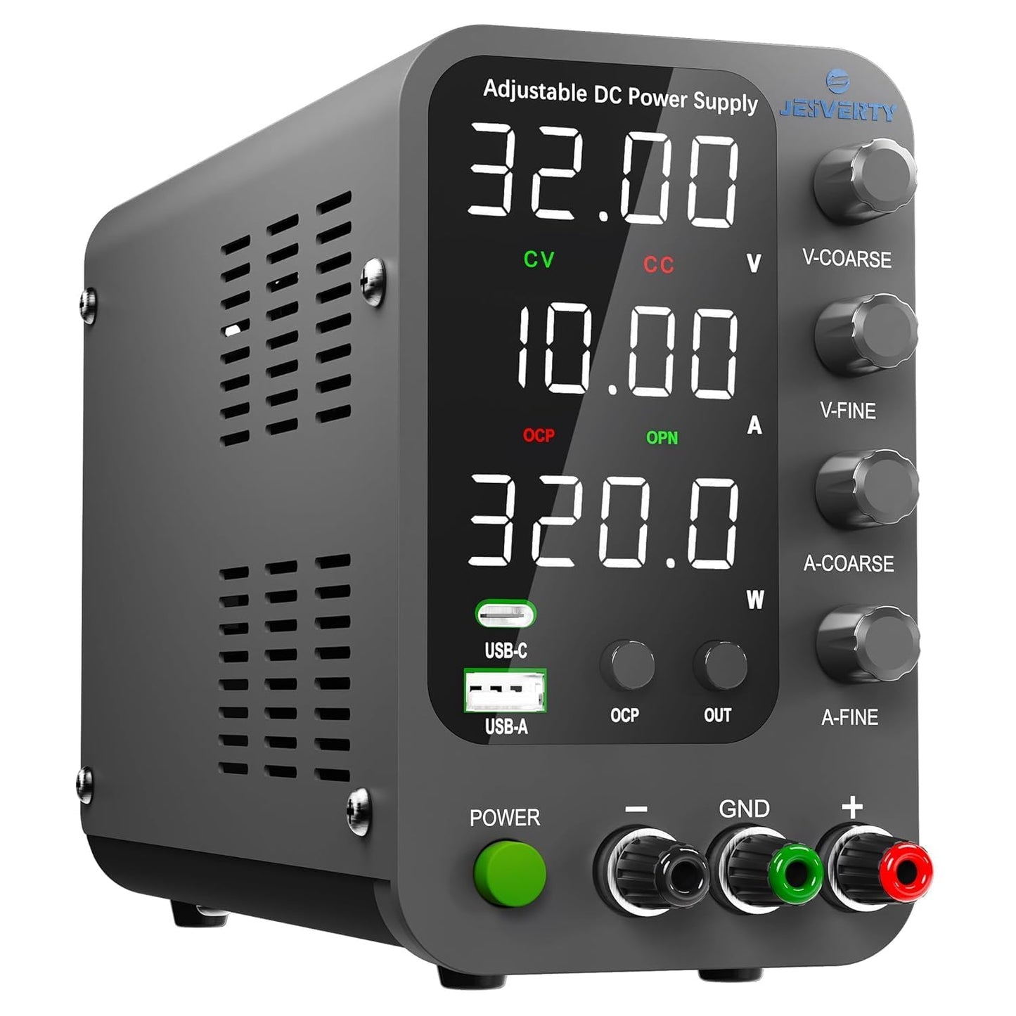Sursa de alimentare de laborator 32 V, 10 A, CC, cu reglaj fin si grosier prin codificator, USB-C si USB-A 20 W, protectie supracurent OCP, ventilator de racire, intrare AC115V/230V, Jesverty