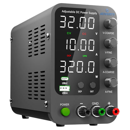 Sursa de alimentare de laborator 32 V, 10 A, CC, cu reglaj fin si grosier prin codificator, USB-C si USB-A 20 W, protectie supracurent OCP, ventilator de racire, intrare AC115V/230V, Jesverty