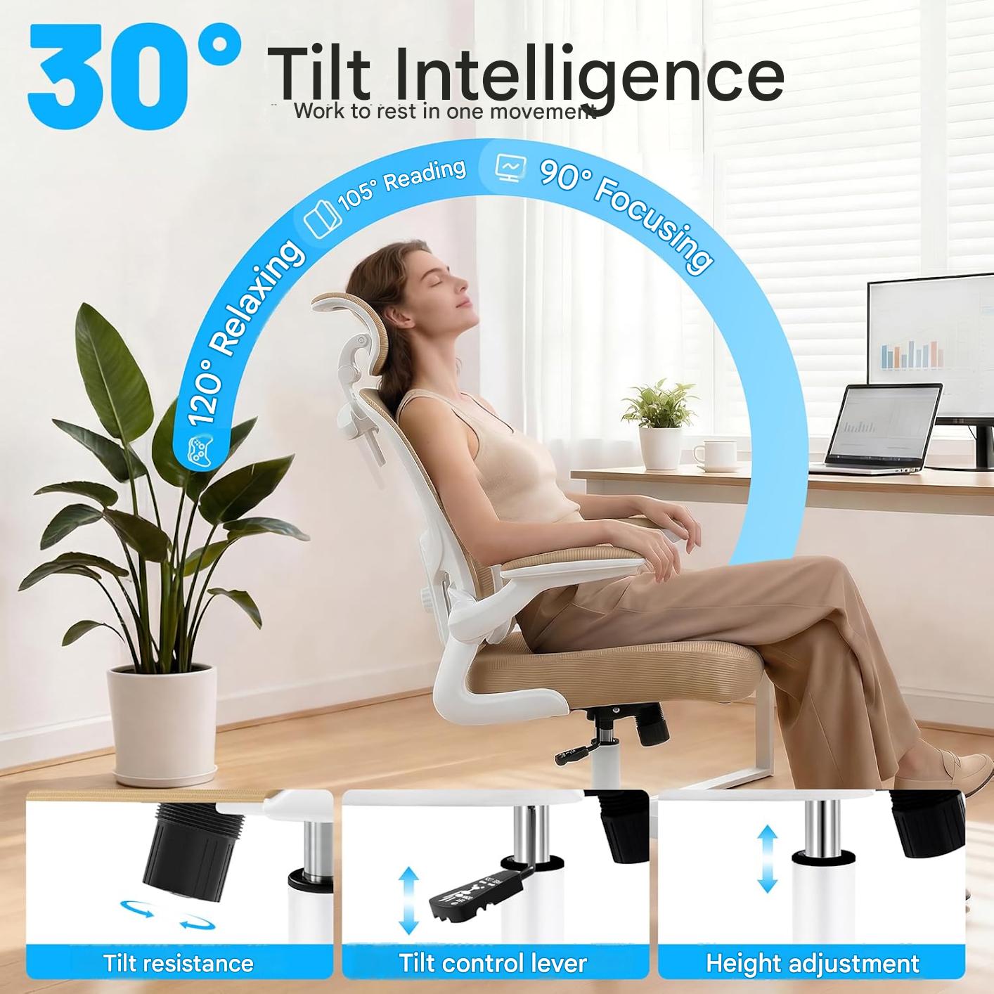 Scaun de birou ergonomic Coscendo, cu tetiera 3D reglabila si suport lombar ajustabil, inclinare 90°–120°, cotiere rabatabile 90°, reglabil pe inaltime, rotativ cu roti silentioase, sarcina maxima 130 kg, crem
