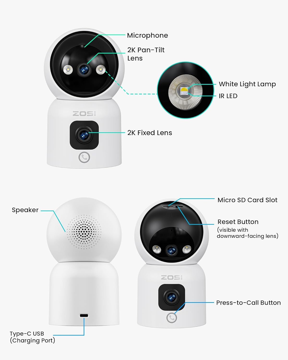 Camera de supraveghere WiFi 2.4/5GHz de interior cu lentila dubla 3MP + 3MP, detectare si urmarire persoana prin AI, comunicare bidirectionala, nightvision color