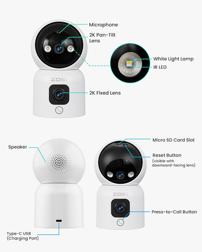 Camera de supraveghere WiFi 2.4/5GHz de interior cu lentila dubla 3MP + 3MP, detectare si urmarire persoana prin AI, comunicare bidirectionala, nightvision color