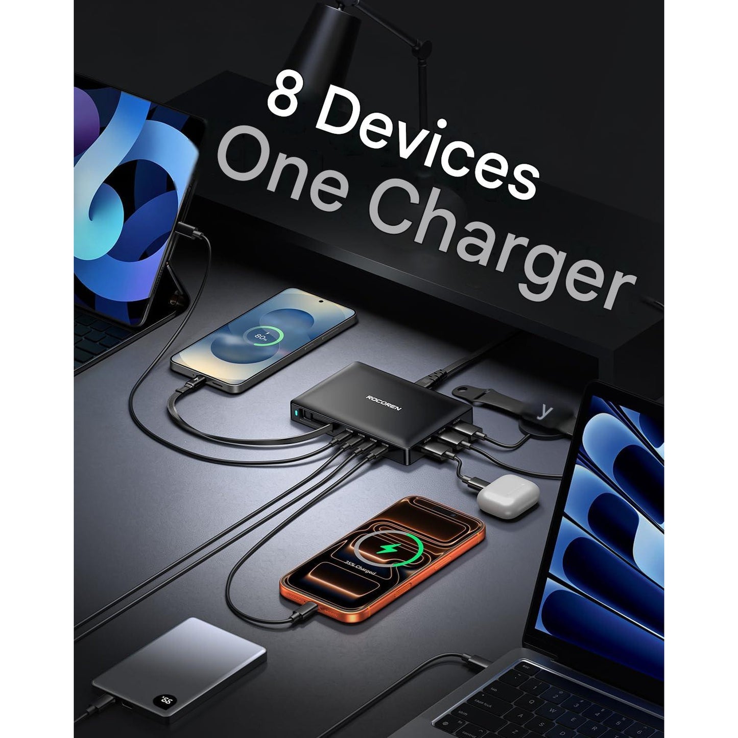Statie de Incarcare multi-dispozitiv Rocoren 8 in 1 GaN 100W PD, cablu USB-C retractabil integrat 80 cm, incarcare rapida PD 3.0 / QC 4.0 / PPS, compatibil iPhone 17/16/15, MacBook, Samsung Galaxy, Pixel, laptopuri si tablete