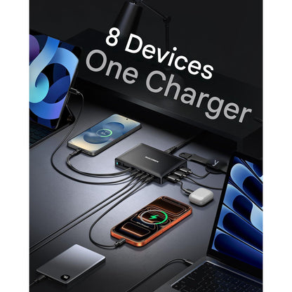 Statie de Incarcare multi-dispozitiv Rocoren 8 in 1 GaN 100W PD, cablu USB-C retractabil integrat 80 cm, incarcare rapida PD 3.0 / QC 4.0 / PPS, compatibil iPhone 17/16/15, MacBook, Samsung Galaxy, Pixel, laptopuri si tablete