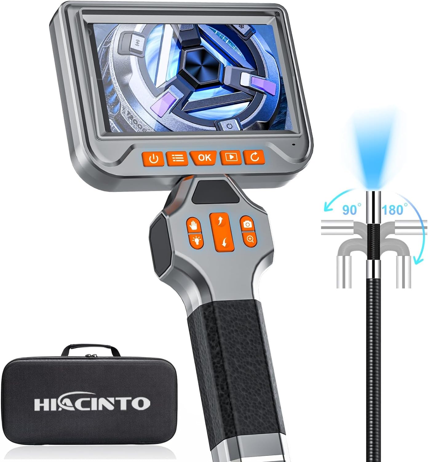 Endoscop industrial, camera de inspectie rotativa electric 360°, cu lentila de 6 mm, 8 lumini LED reglabile, ecran de 5 inch, tub semirigid de 1.5 m, card 64 GB inclus, foto/video
