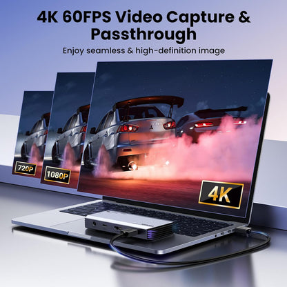 Placa de captura video HDMI 4K@60Hz, video grabber cu iesire in bucla, Output HDMI si USB-C, HDR si VRR, 3 x Jack 3.5 mm, plug & play, compatibil PC, MacBook, smartphone, iPad, laptop, consola, camera