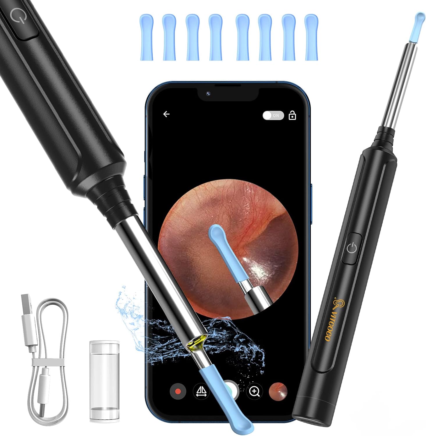 Otoscop, dispozitiv WiFi pentru indepartare ceara urechi, camera 5 MP cu lumini LED, impermeabila IP67, vizualizare live prin aplicatie Android si iOS, negru