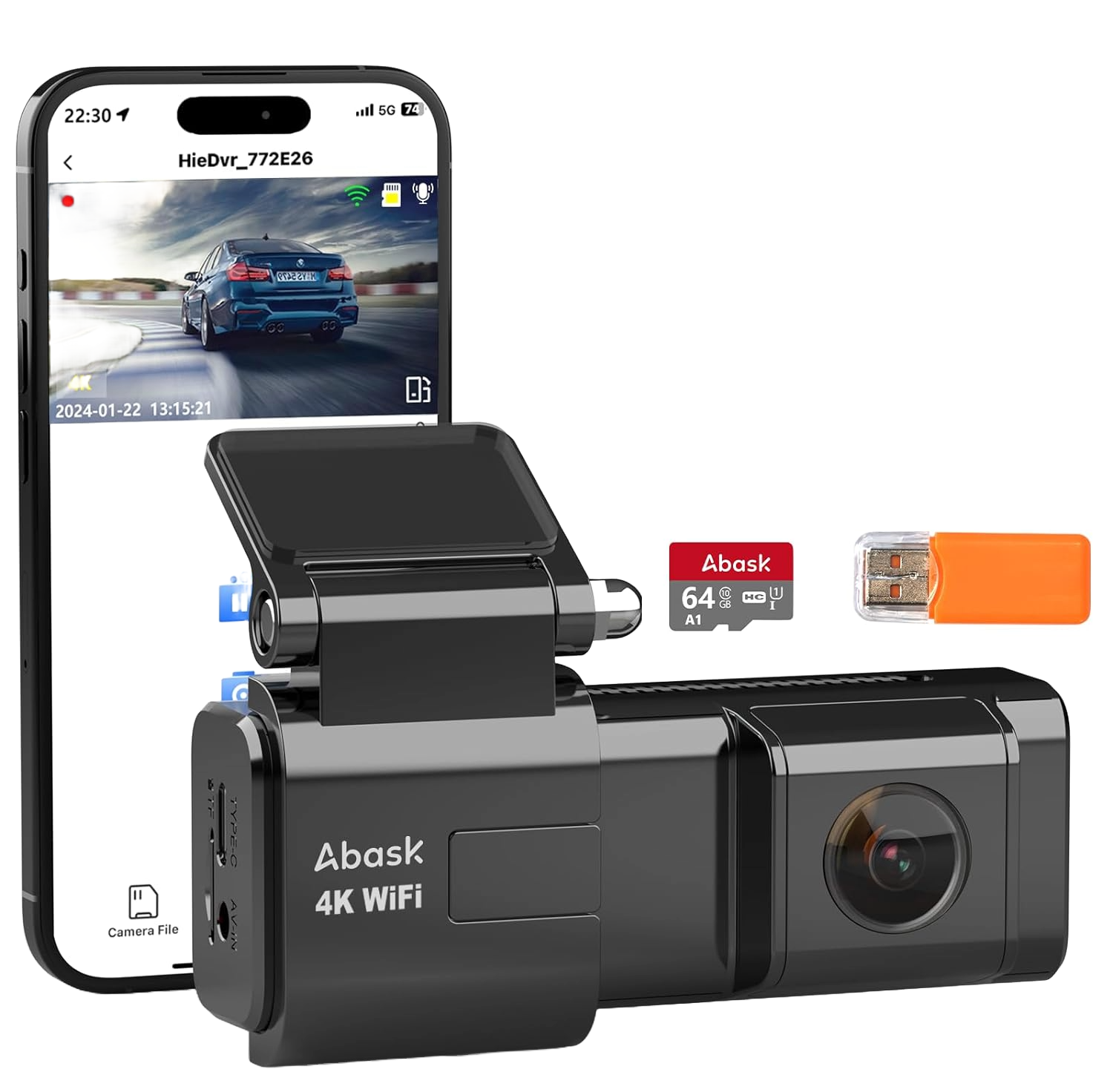 Camera auto de bord WiFi, 4K 2160P, Control prin aplicatie, Nightvision, WDR, G-Sensor, Monitorizare parcare, Inregistrare in bucla, Card SD de 64 GB inclus, Unghi larg, Abask