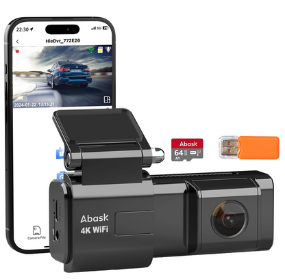 Camera auto de bord WiFi, 4K 2160P, Control prin aplicatie, Nightvision, WDR, G-Sensor, Monitorizare parcare, Inregistrare in bucla, Card SD de 64 GB inclus, Unghi larg, Abask