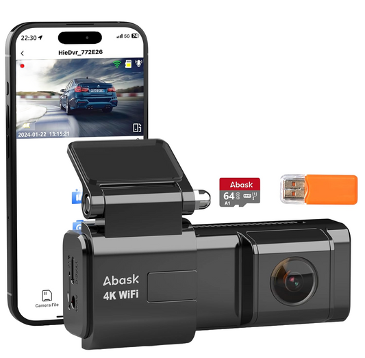 Camera auto de bord WiFi, 4K 2160P, Control prin aplicatie, Nightvision, WDR, G-Sensor, Monitorizare parcare, Inregistrare in bucla, Card SD de 64 GB inclus, Unghi larg, Abask
