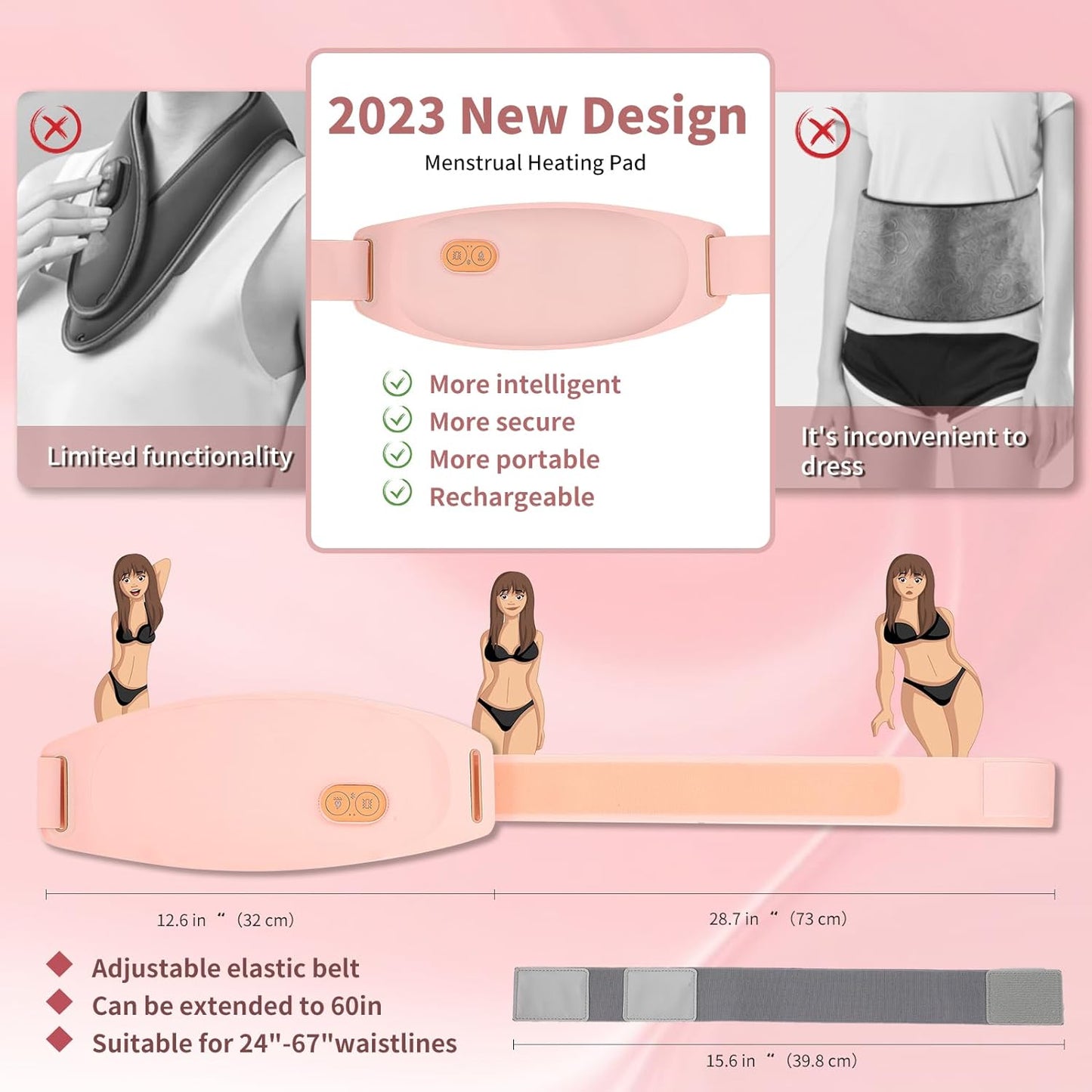 Centura abdominala Bluetooth, aparat cu incalzire si masaj, anti dureri menstruale, ciclu si lombare, control prin aplicatie, 3 niveluri caldura si 5 moduri vibratie, reincarcabila, peach