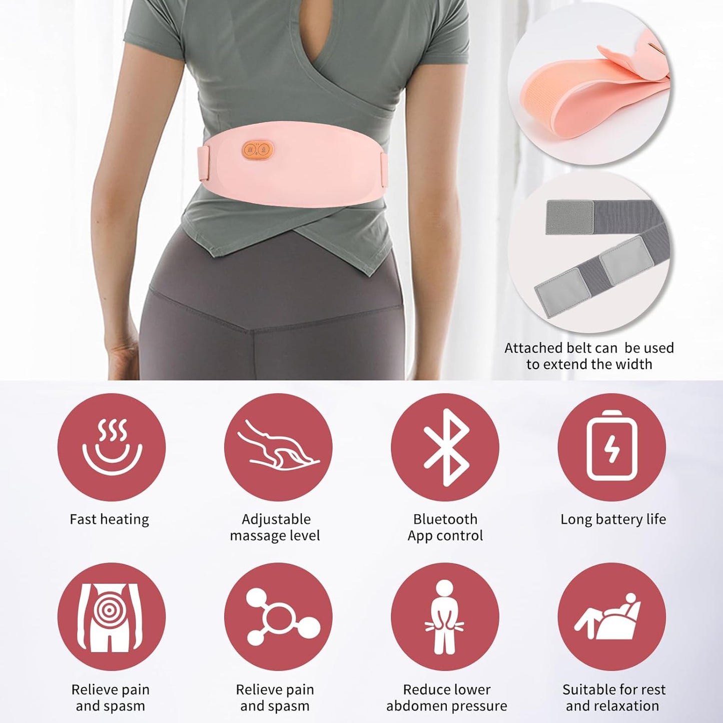 Centura abdominala Bluetooth, aparat cu incalzire si masaj, anti dureri menstruale, ciclu si lombare, control prin aplicatie, 3 niveluri caldura si 5 moduri vibratie, reincarcabila, peach