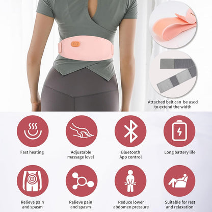 Centura abdominala Bluetooth, aparat cu incalzire si masaj, anti dureri menstruale, ciclu si lombare, control prin aplicatie, 3 niveluri caldura si 5 moduri vibratie, reincarcabila, peach
