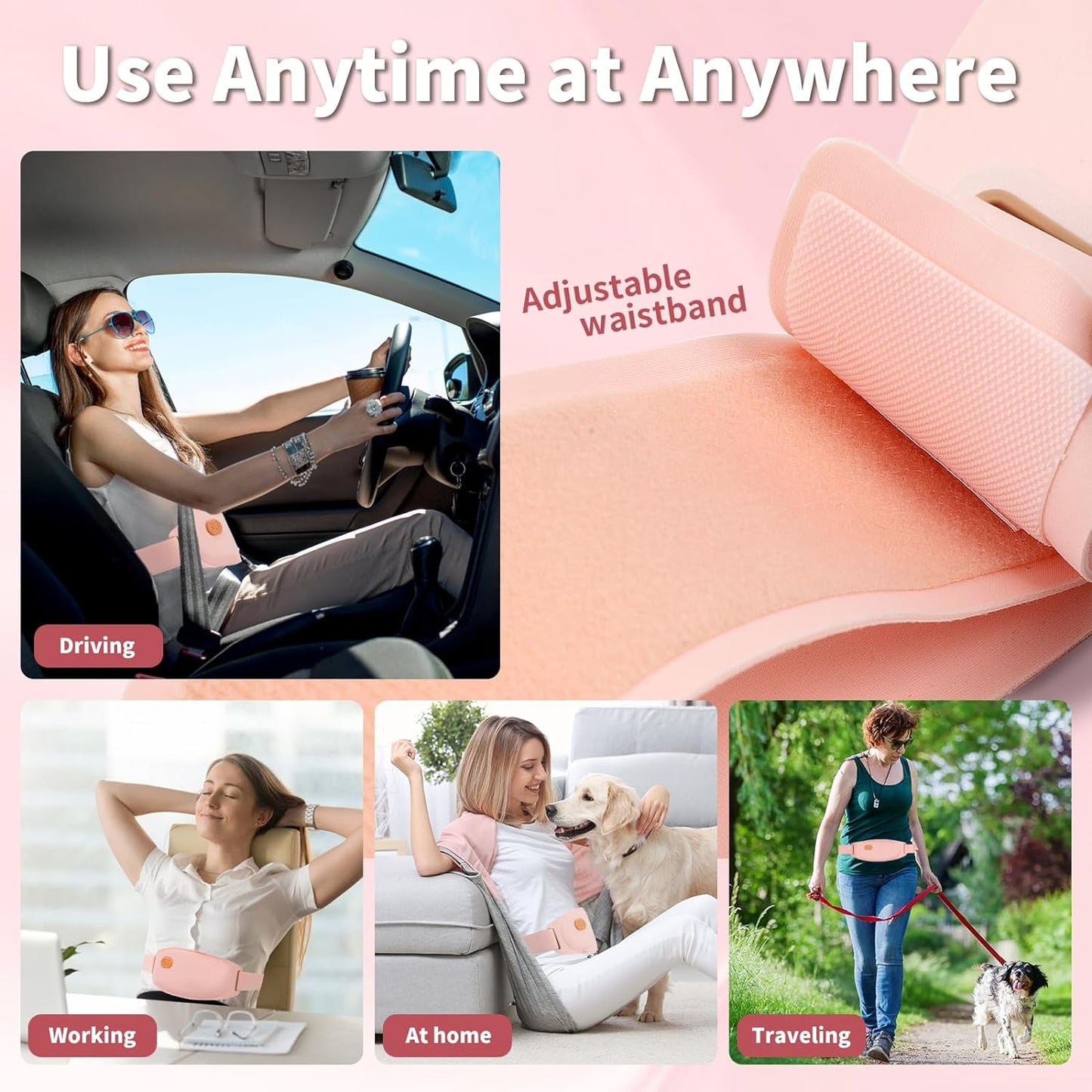 Centura abdominala Bluetooth, aparat cu incalzire si masaj, anti dureri menstruale, ciclu si lombare, control prin aplicatie, 3 niveluri caldura si 5 moduri vibratie, reincarcabila, peach