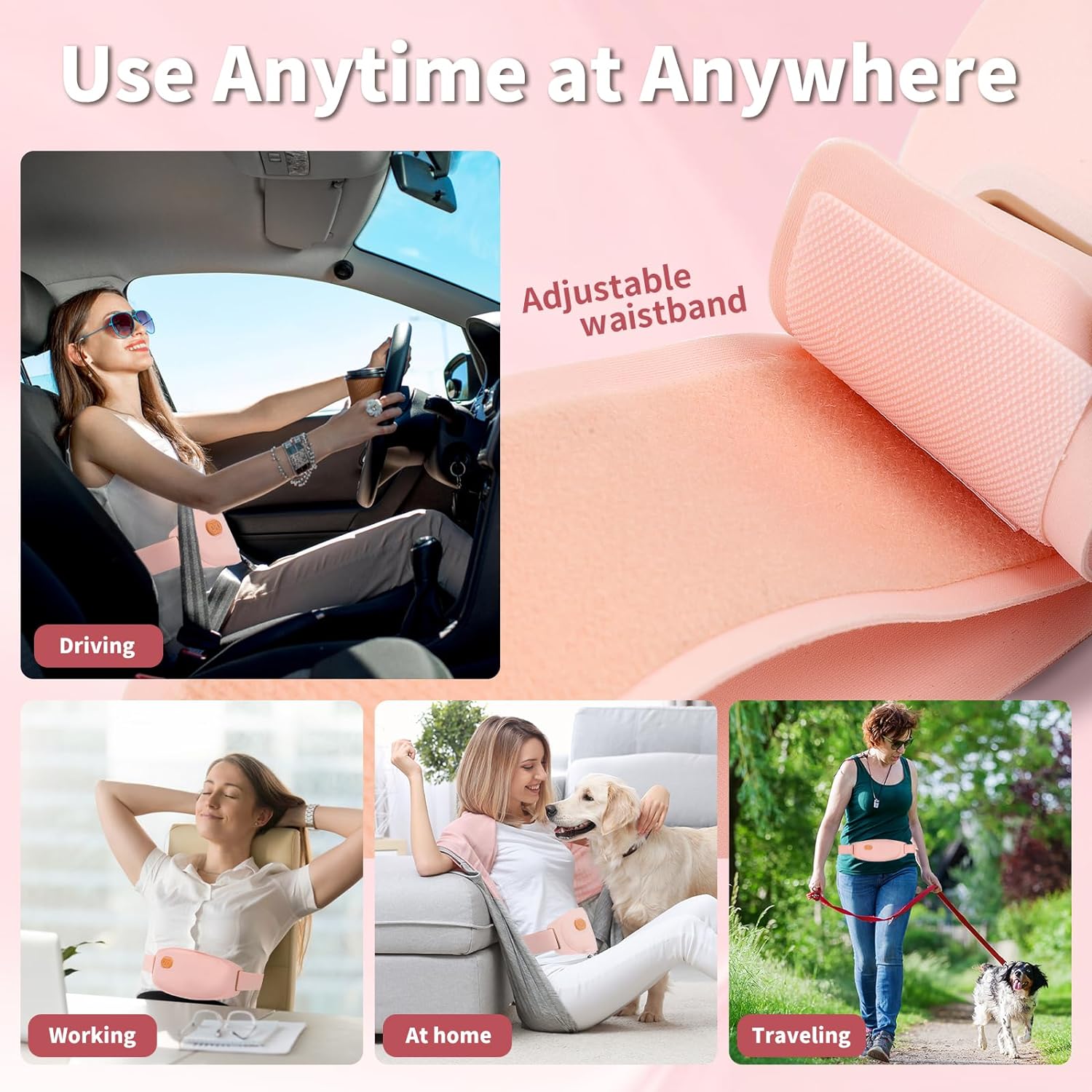 Centura abdominala Bluetooth, aparat cu incalzire si masaj, anti dureri menstruale, ciclu si lombare, control prin aplicatie, 3 niveluri caldura si 5 moduri vibratie, reincarcabila, peach