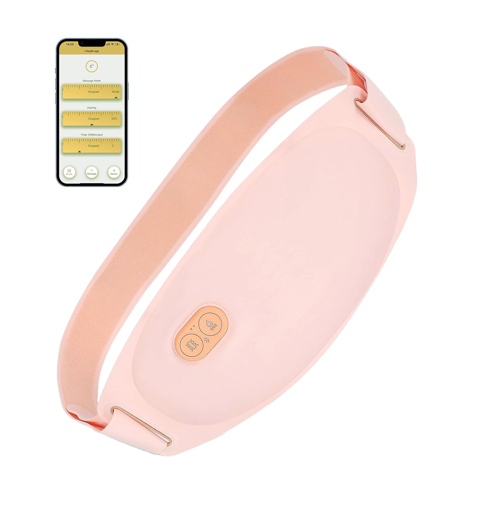 Centura abdominala Bluetooth, aparat cu incalzire si masaj, anti dureri menstruale, ciclu si lombare, control prin aplicatie, 3 niveluri caldura si 5 moduri vibratie, reincarcabila, peach