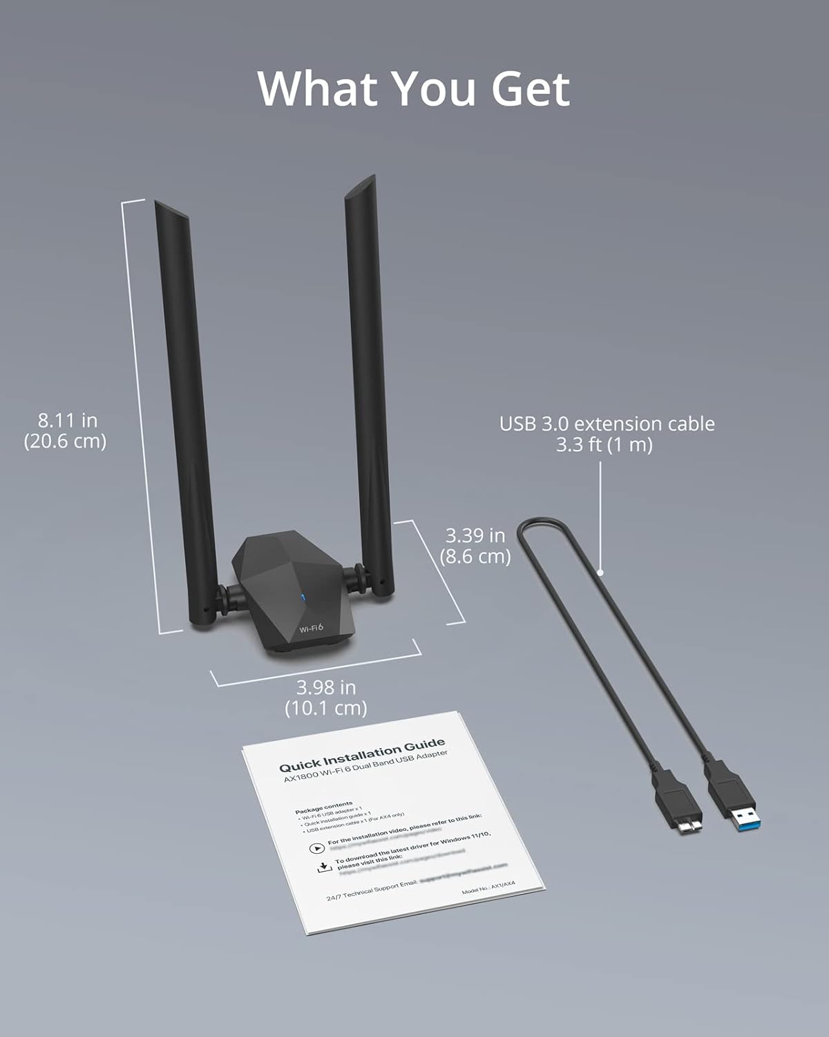 Adaptor wireless WiFi 6, AX1800 Mb, Dual Band 5GHz/2.4GHz, 1201Mbps/574Mbps, Doua antene reglabile, Raza mare de actiune, pentru PC, Laptop, Doar Windows 10/11