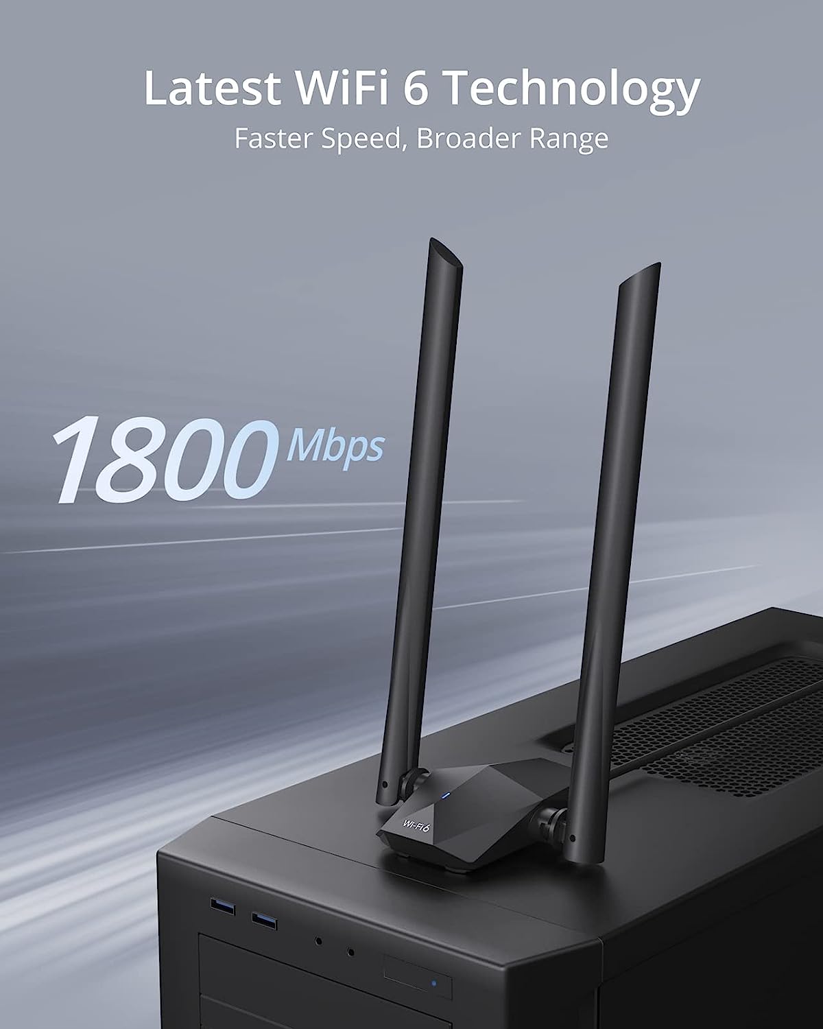 Adaptor wireless WiFi 6, AX1800 Mb, Dual Band 5GHz/2.4GHz, 1201Mbps/574Mbps, Doua antene reglabile, Raza mare de actiune, pentru PC, Laptop, Doar Windows 10/11