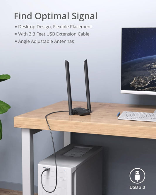 Adaptor wireless WiFi 6, AX1800 Mb, Dual Band 5GHz/2.4GHz, 1201Mbps/574Mbps, Doua antene reglabile, Raza mare de actiune, pentru PC, Laptop, Doar Windows 10/11