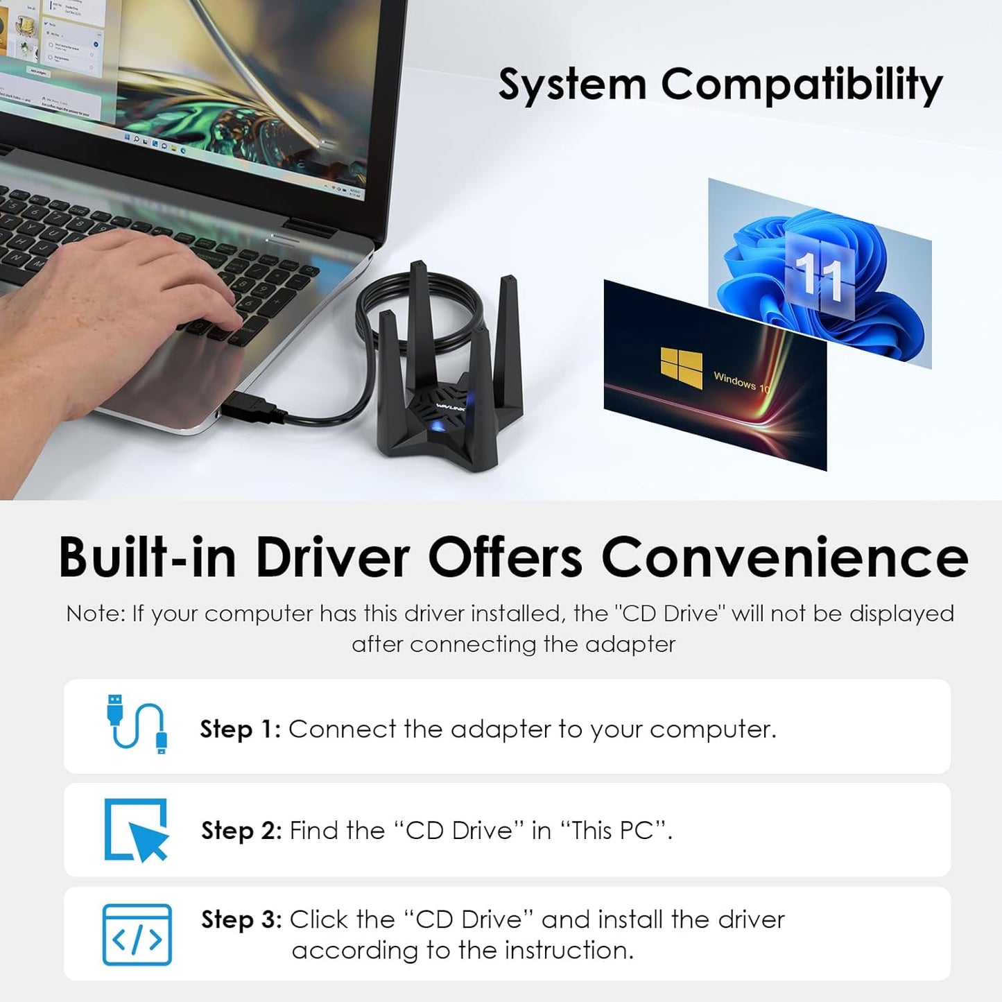Adaptor wireless WiFi 6, AX1800, Dual Band ,5GHz /2.4GHz,1201Mbps/574Mbps, Criptare WPA3, Mod Hotspot, OFDMA si MU-MIMO, Baza magnetica, Doar pentru Windows 10/11, Wavlink
