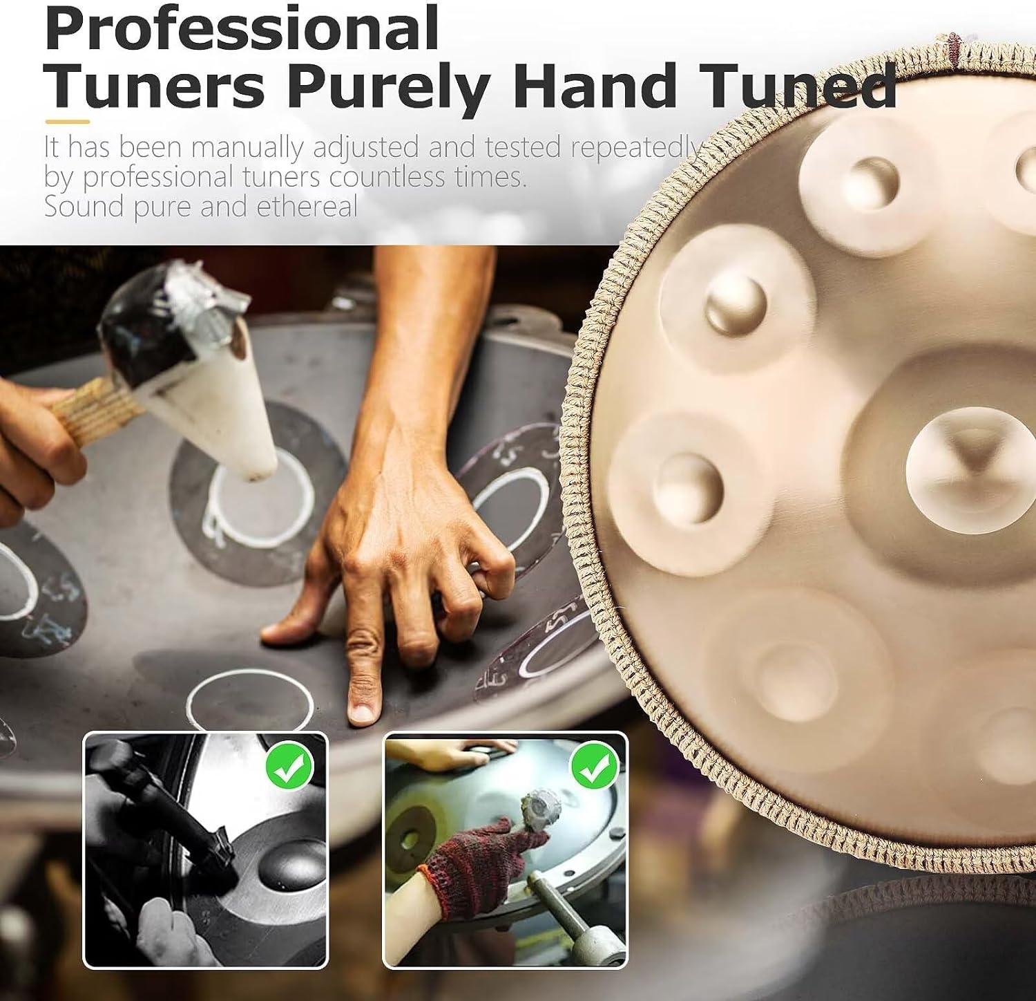Handpan, Instrument muzical 10 note,  Hand Drum 22 inch, Re Minor, 440 Hz, Cu bete, Suport, Husa de transport si depozitare, Gold Performer