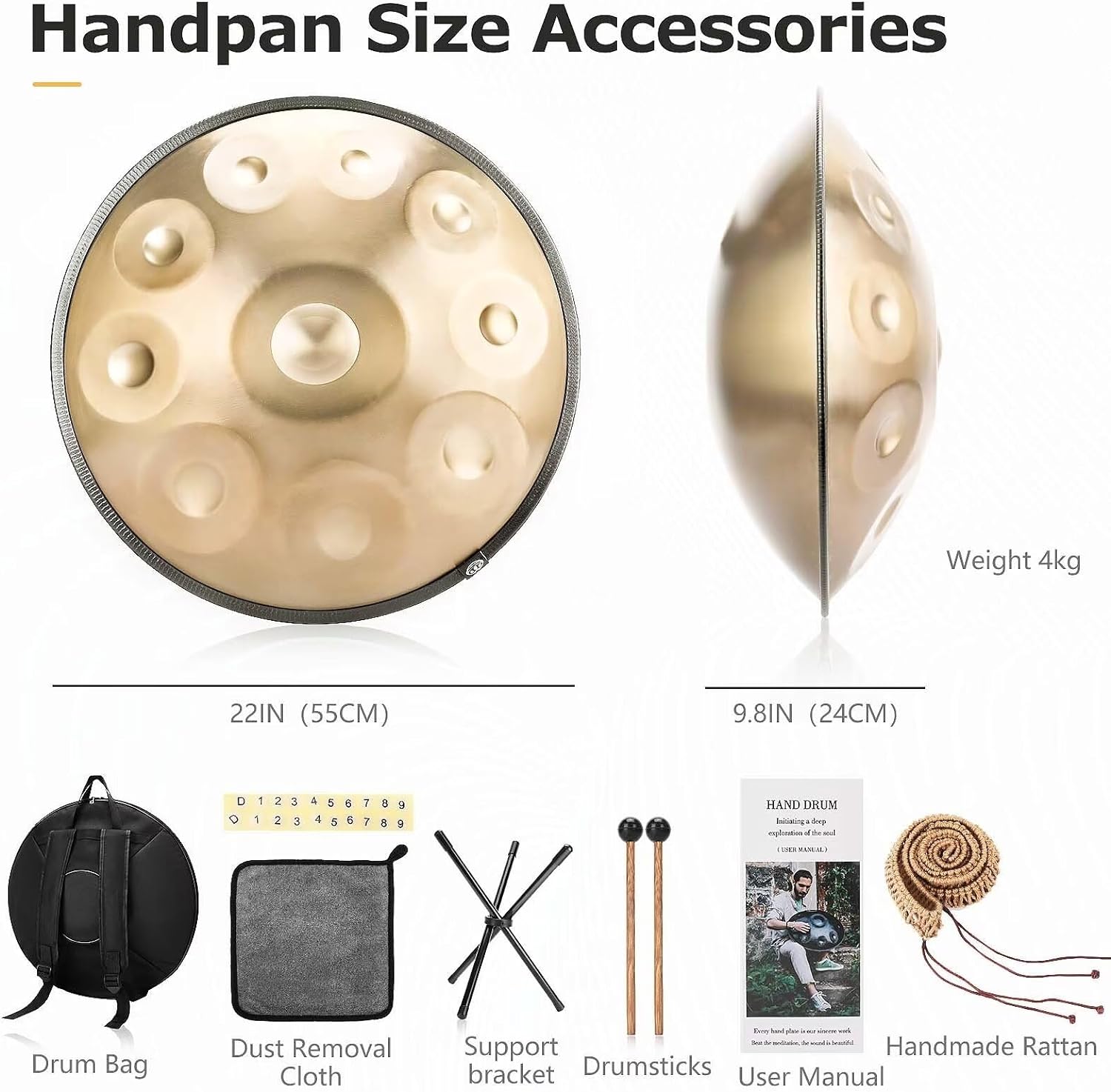 Handpan, Instrument muzical 10 note,  Hand Drum 22 inch, Re Minor, 440 Hz, Cu bete, Suport, Husa de transport si depozitare, Gold Performer
