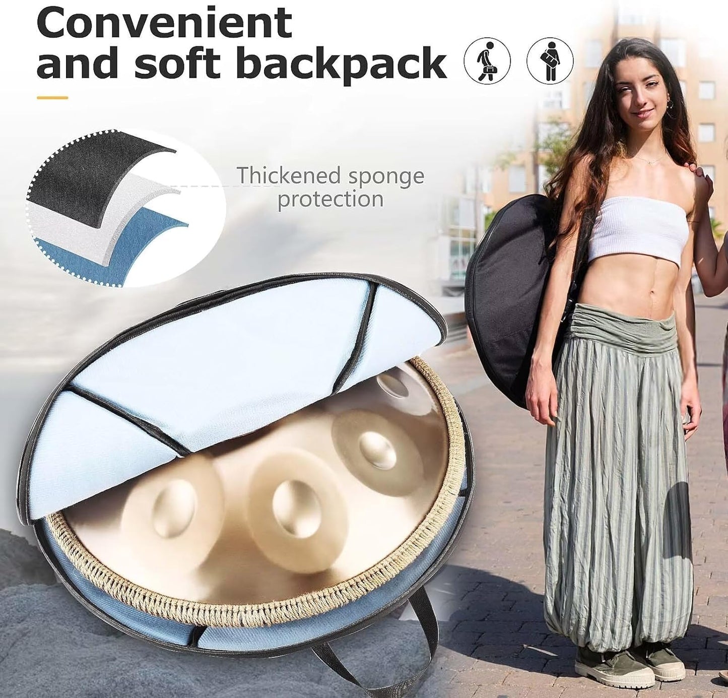 Handpan, Instrument muzical 10 note,  Hand Drum 22 inch, Re Minor, 440 Hz, Cu bete, Suport, Husa de transport si depozitare, Gold Performer