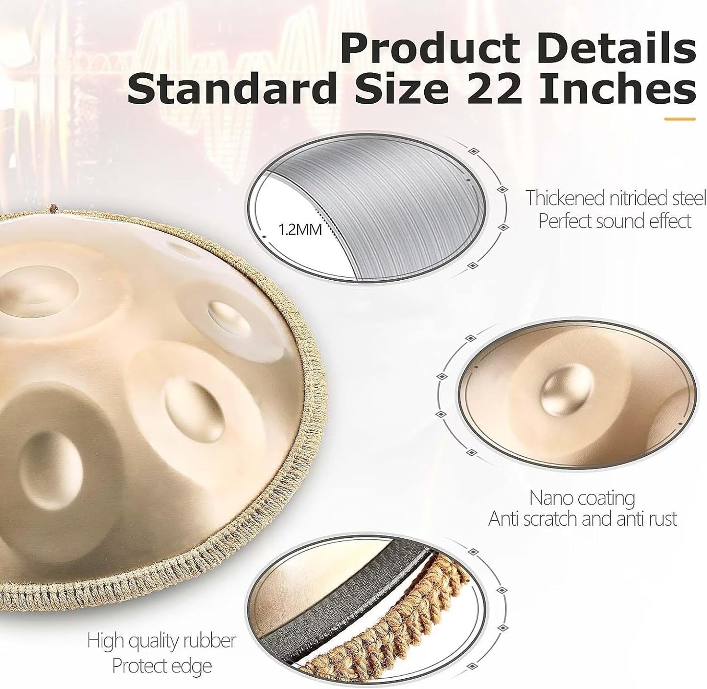 Handpan, Instrument muzical 10 note,  Hand Drum 22 inch, Re Minor, 440 Hz, Cu bete, Suport, Husa de transport si depozitare, Gold Performer