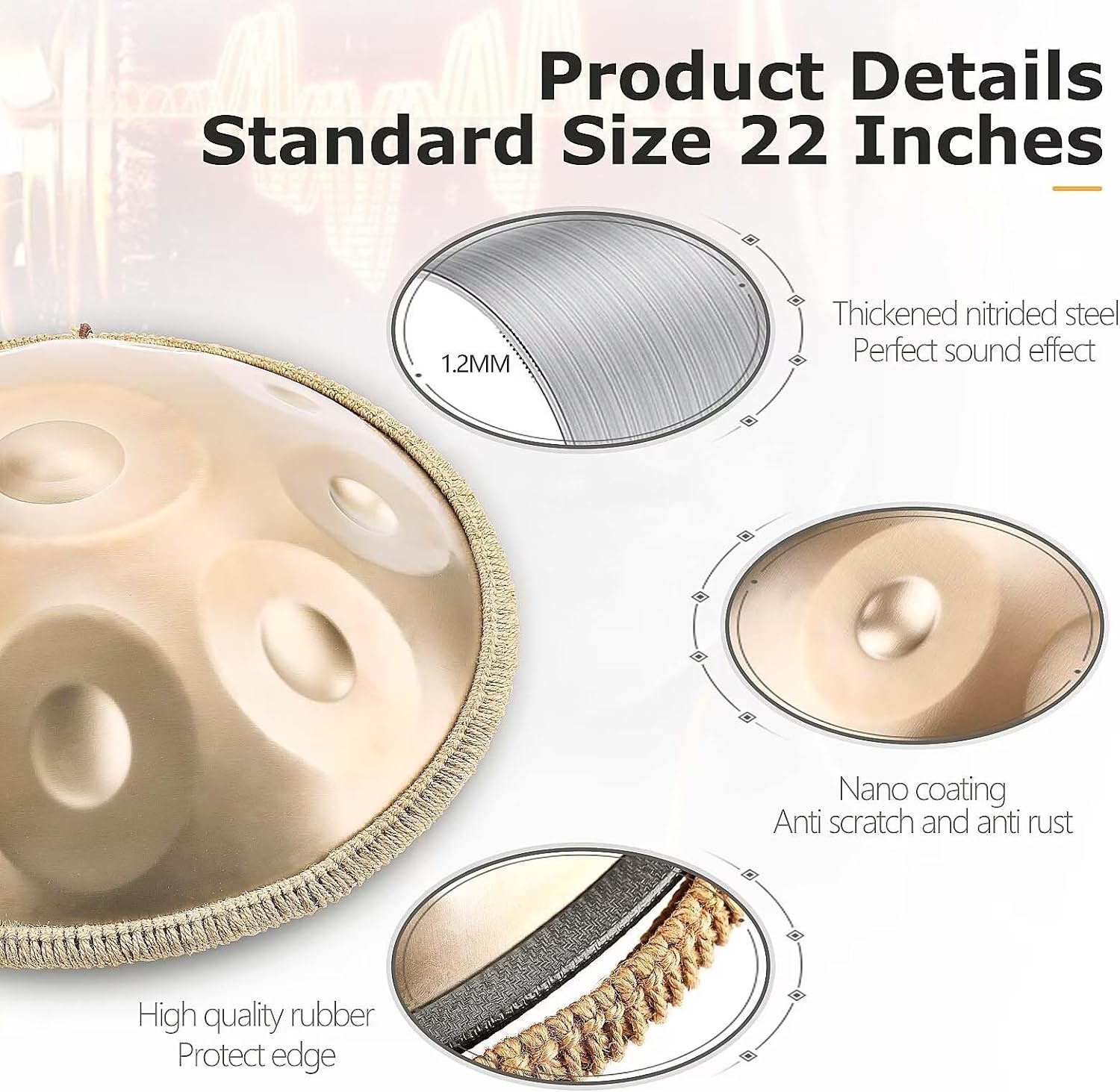 Handpan, Instrument muzical 10 note,  Hand Drum 22 inch, Re Minor, 440 Hz, Cu bete, Suport, Husa de transport si depozitare, Gold Performer
