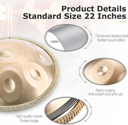 Handpan, Instrument muzical 10 note,  Hand Drum 22 inch, Re Minor, 440 Hz, Cu bete, Suport, Husa de transport si depozitare, Gold Performer