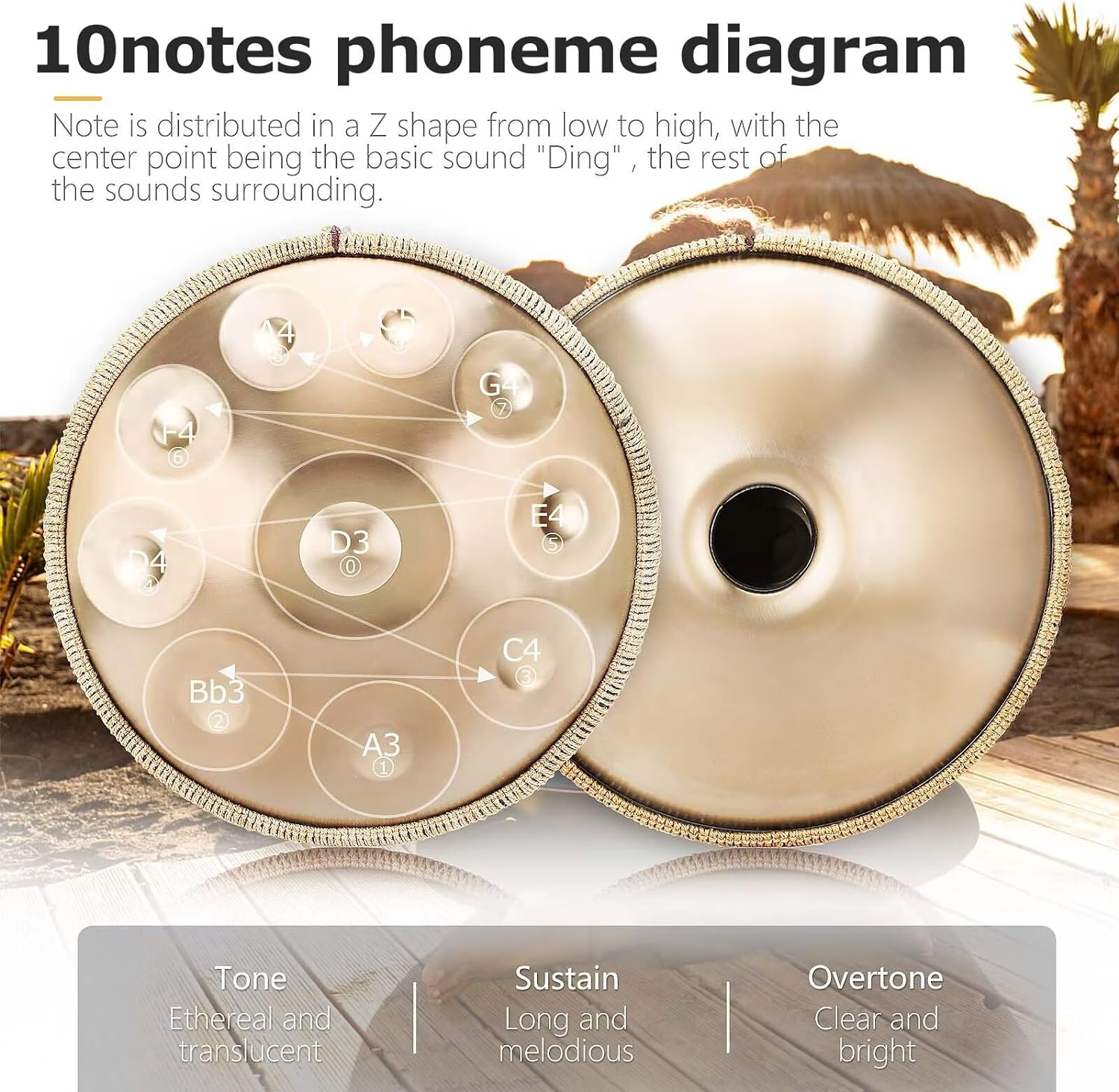 Handpan, Instrument muzical 10 note,  Hand Drum 22 inch, Re Minor, 440 Hz, Cu bete, Suport, Husa de transport si depozitare, Gold Performer