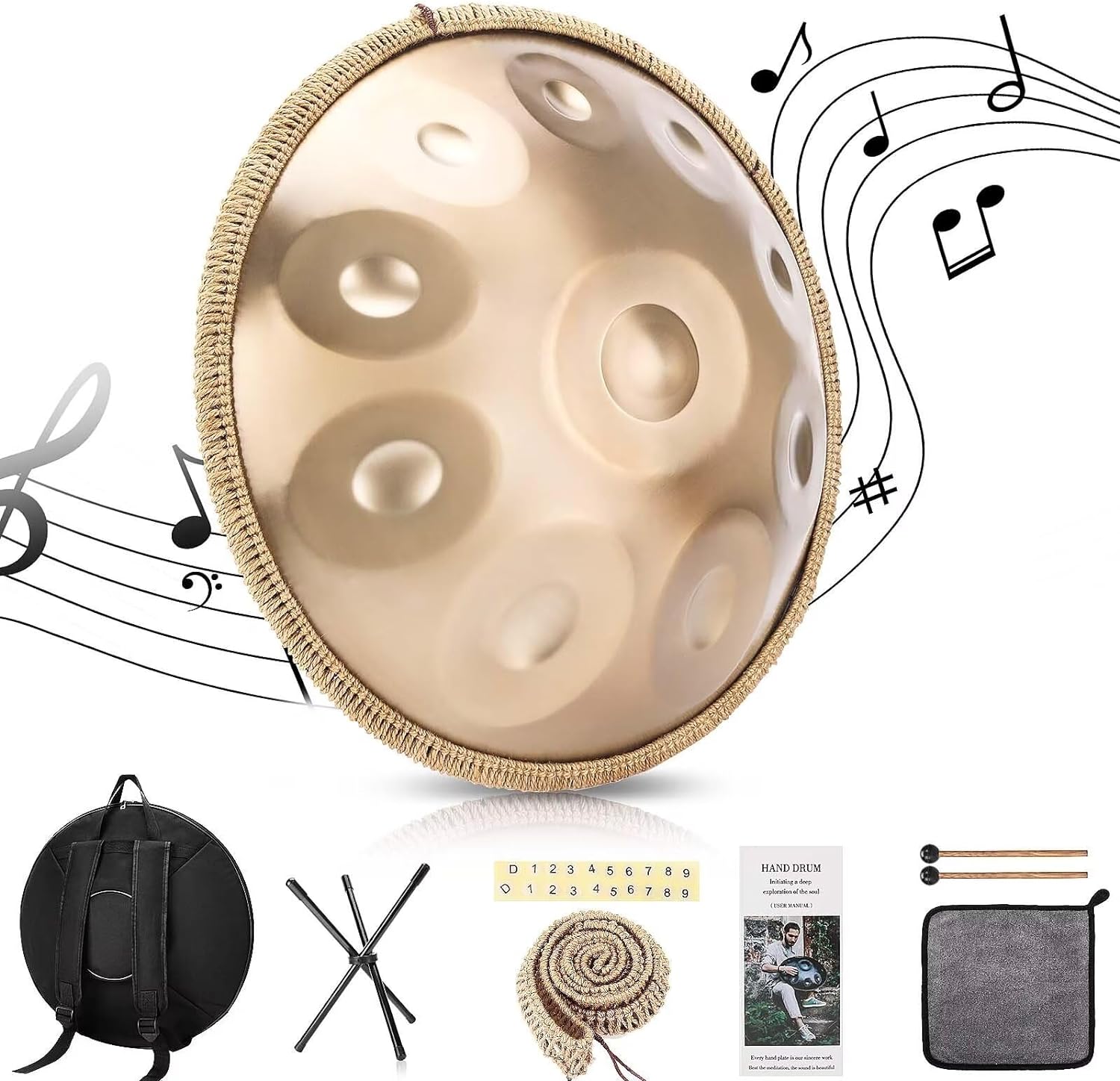 Handpan, Instrument muzical 10 note,  Hand Drum 22 inch, Re Minor, 440 Hz, Cu bete, Suport, Husa de transport si depozitare, Gold Performer
