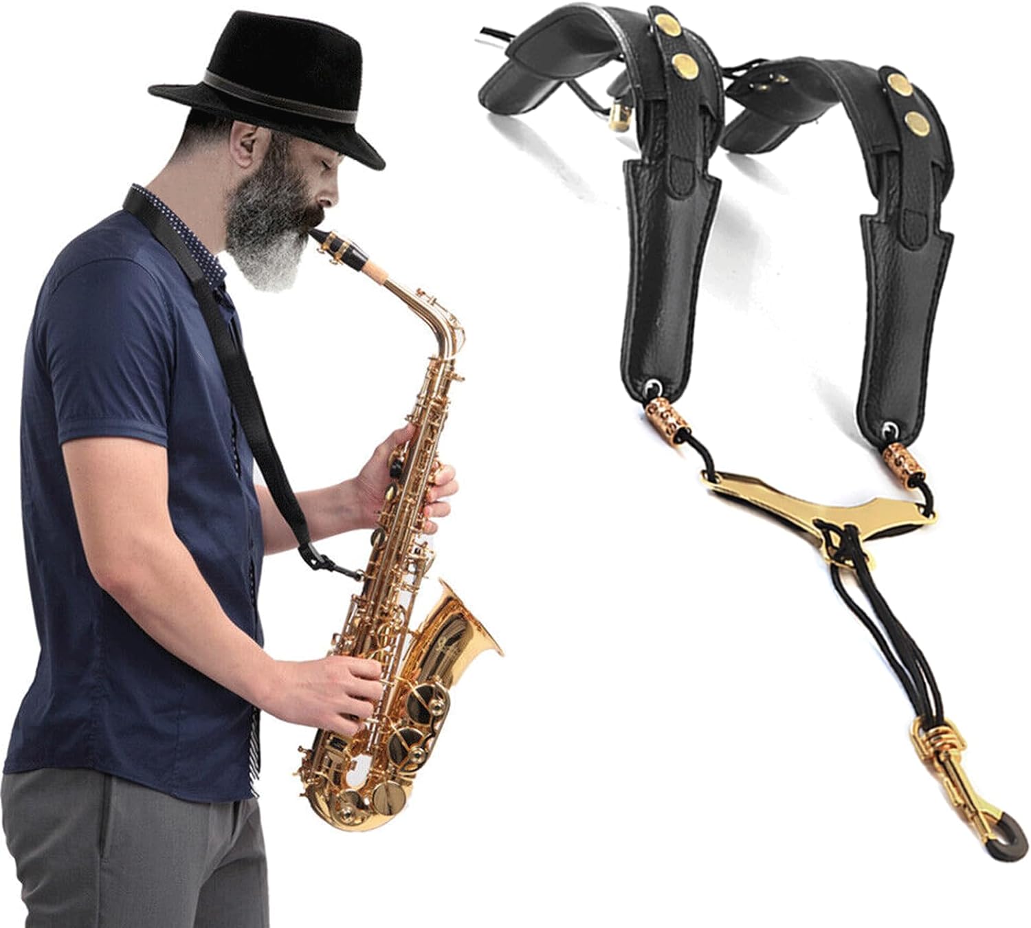 Curea pentru saxofon din piele,suport reglabil 25cm - 55cm pentru umeri si gat ,  gatar captusit, unisex, negru