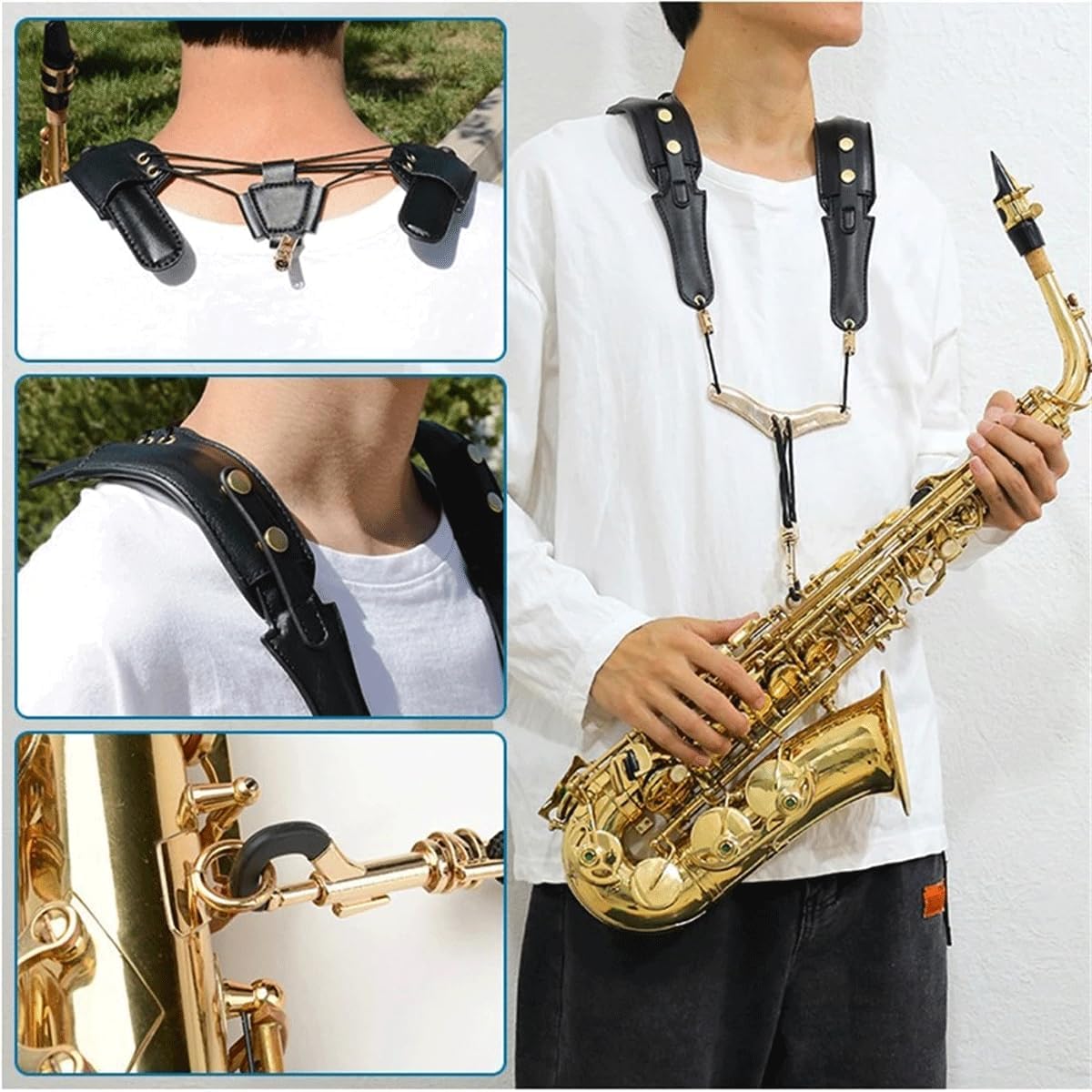 Curea pentru saxofon din piele,suport reglabil 25cm - 55cm pentru umeri si gat ,  gatar captusit, unisex, negru