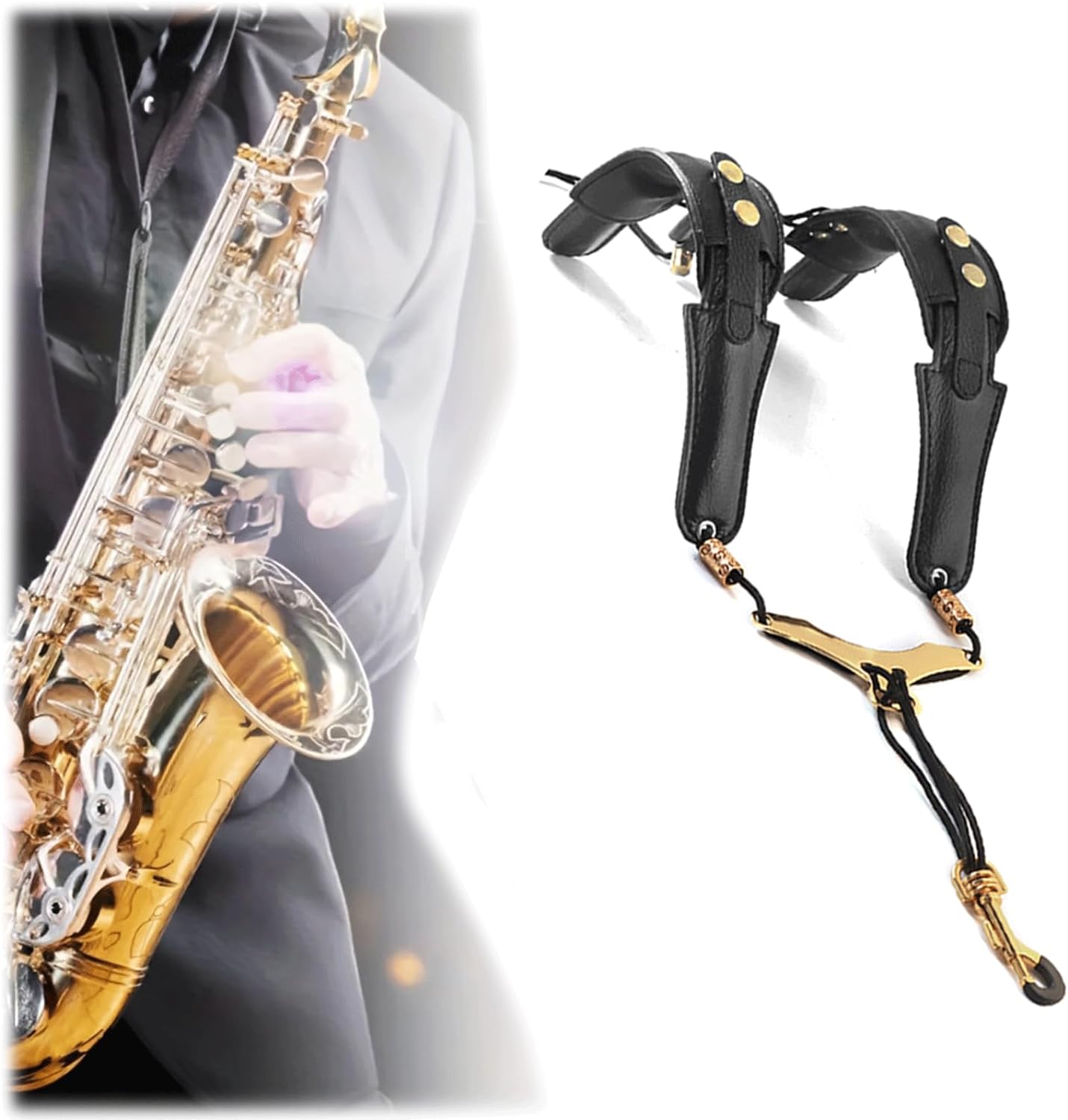 Curea pentru saxofon din piele,suport reglabil 25cm - 55cm pentru umeri si gat ,  gatar captusit, unisex, negru