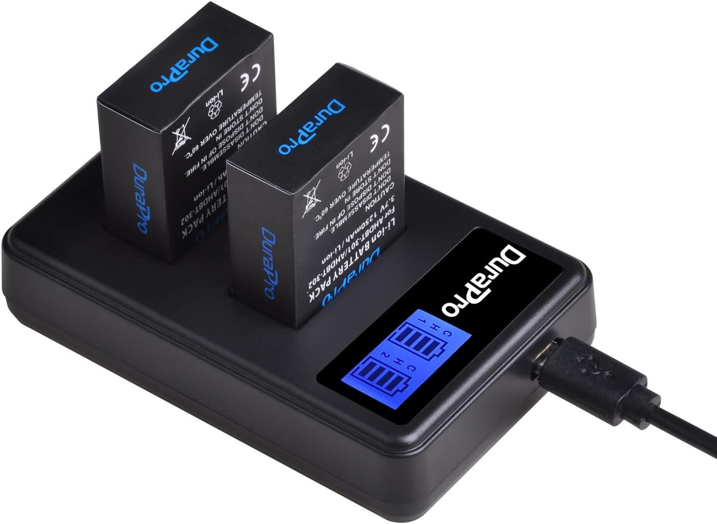 Set 4 acumulatori de 1250mAh si incarcator USB Dual cu display LCD, pentru camera video sport GoPro HERO3, GoPro HERO3+ Silver Edition, HERO3 White Edition, GoPro Hero 3 Black Edition,  GoPro HD HERO 3+ Black Edition AHDBT-301/ AHDBT-302