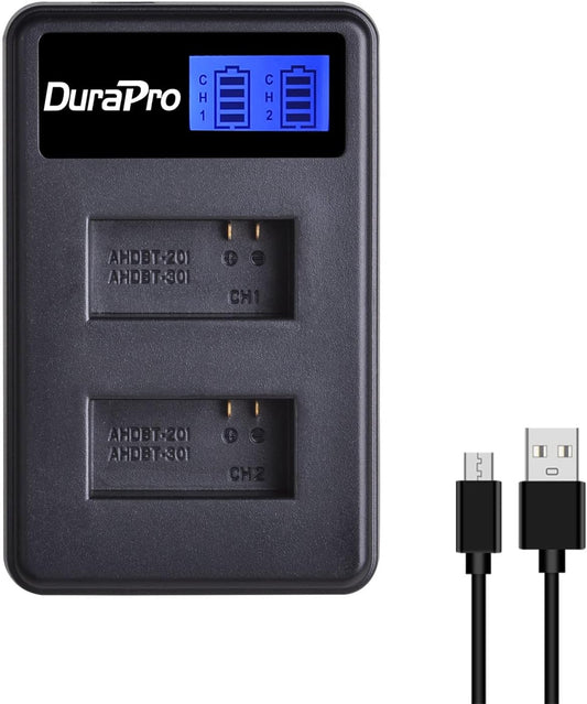 Set 4 acumulatori de 1250mAh si incarcator USB Dual cu display LCD, pentru camera video sport GoPro HERO3, GoPro HERO3+ Silver Edition, HERO3 White Edition, GoPro Hero 3 Black Edition,  GoPro HD HERO 3+ Black Edition AHDBT-301/ AHDBT-302