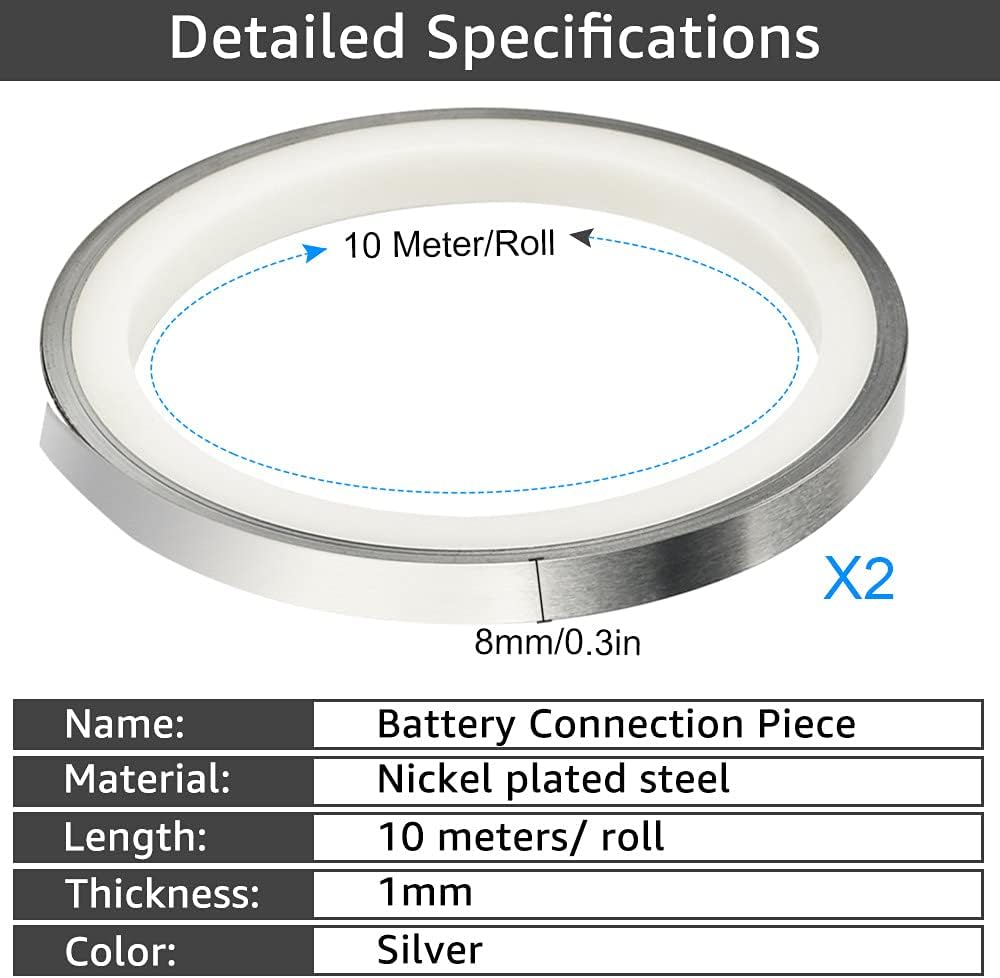 Set 2 role de banda nichelata de 8 mm x 0,1 mm x 10 m , pentru sudura baterii, potrivit pentru baterii Ni-MH 18650 21700 26650 32650 si baterii cu litiu.