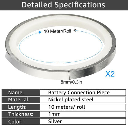 Set 2 role de banda nichelata de 8 mm x 0,1 mm x 10 m , pentru sudura baterii, potrivit pentru baterii Ni-MH 18650 21700 26650 32650 si baterii cu litiu.