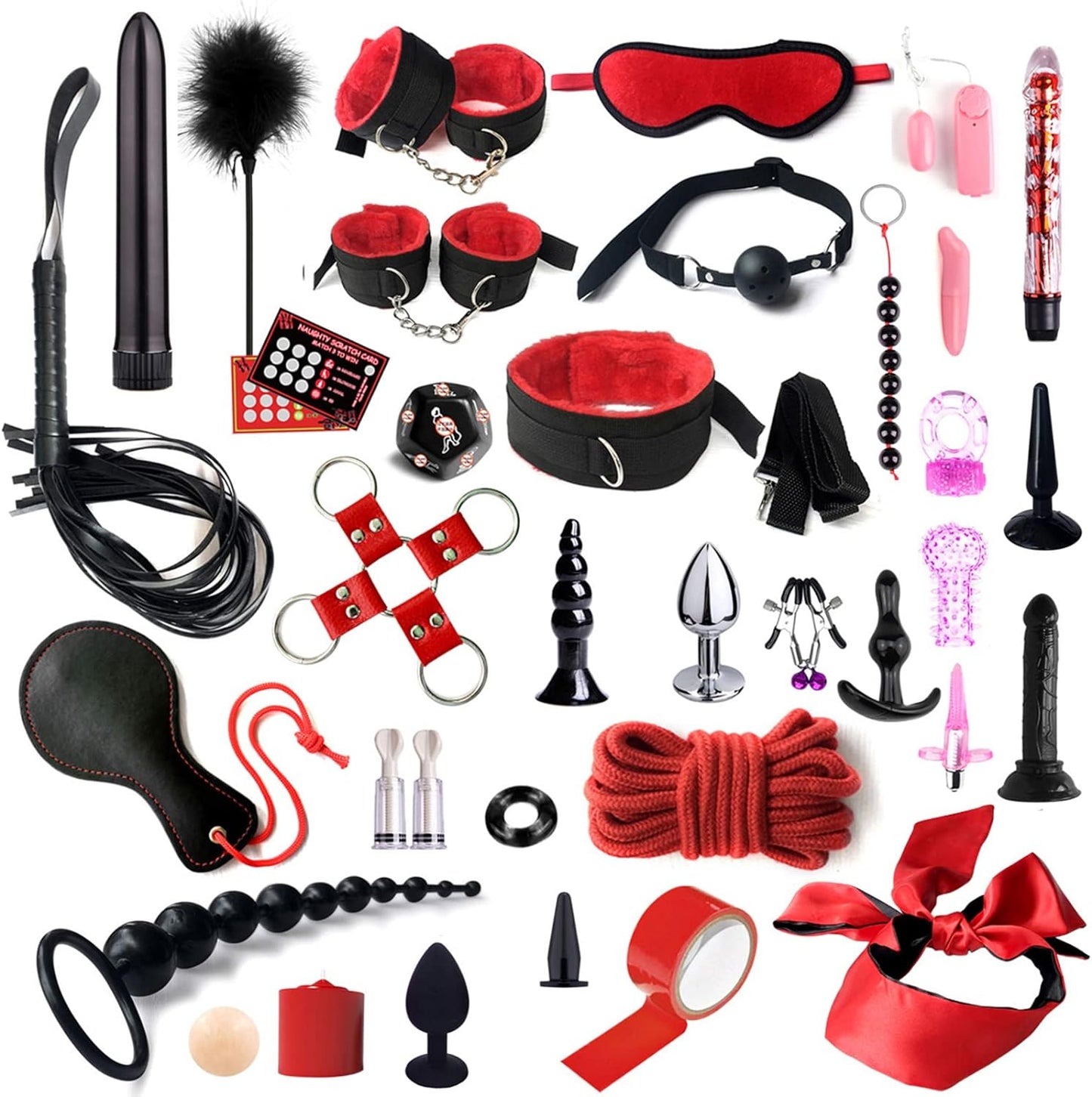 Set de 35 jucarii erotice, BDSM, bondage, catuse, bici, cleme pentru mamelon, set plug, pentru incepatori si cupluri cu experienta
