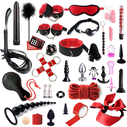 Set de 35 jucarii erotice, BDSM, bondage, catuse, bici, cleme pentru mamelon, set plug, pentru incepatori si cupluri cu experienta