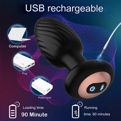 Vibrator plug anal, pentru stimularea prostatei la barbati si a punctului G la femei, cu 7 moduri de rotatii, 7 moduri de vibratii, impermeabil IPX6